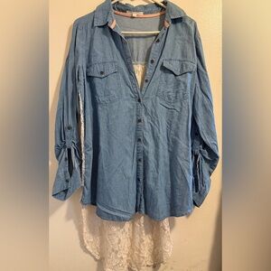 Blue Button-Up Denim Shirt with Lace longer in the back Size Large
